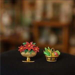 Colorful floral & vegetables enamel gold tone brooches 🌺🧺🌽🥦🍅🍆